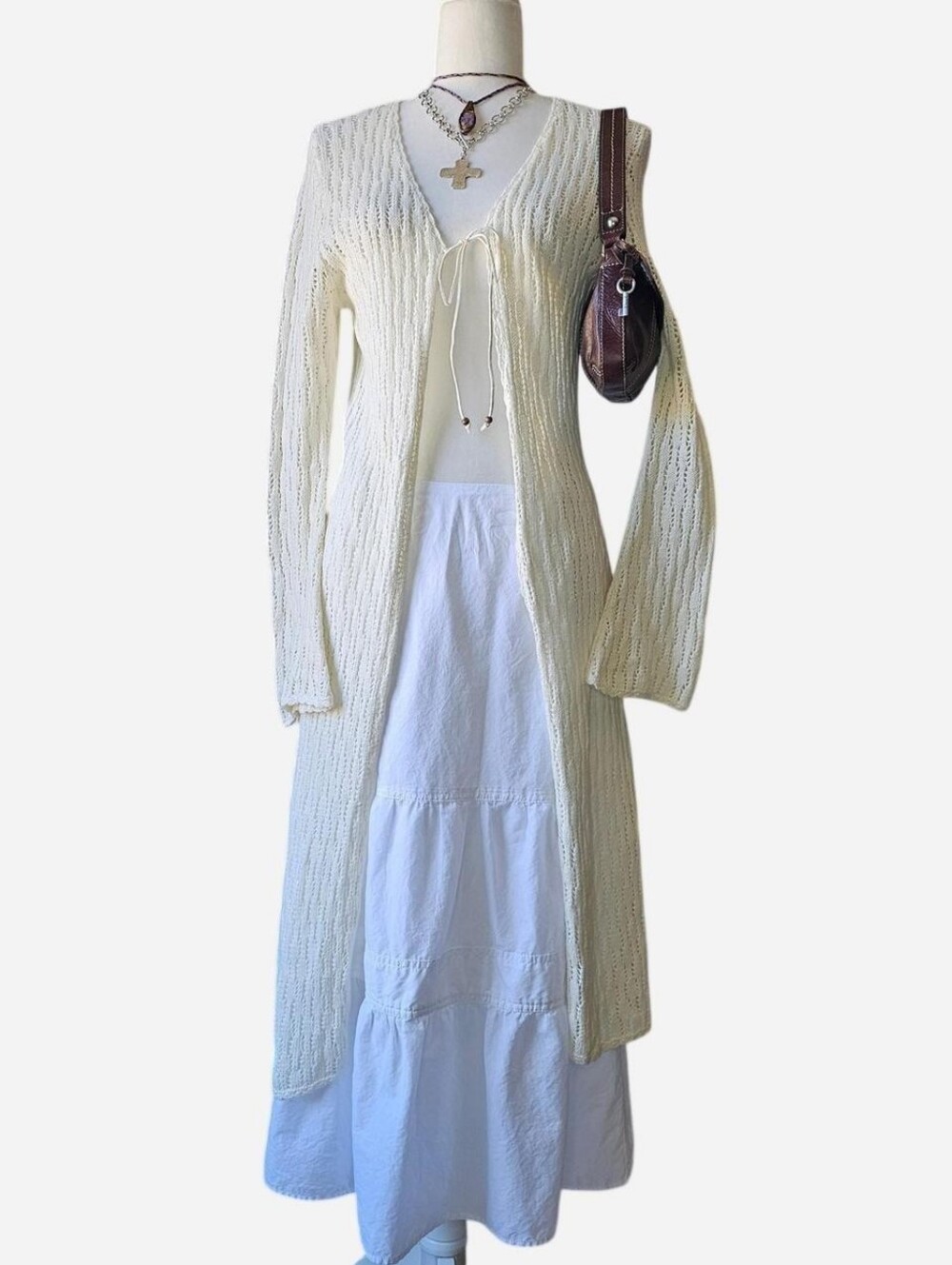 White Stag Cream Open-Knit Maxi Cardigan - Small